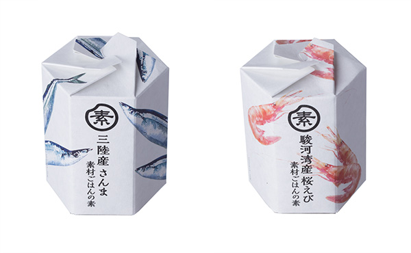 素材ごはんの素　三陸産さんま（左）と素材ごはんの素　静岡県駿河湾産桜えび（右）